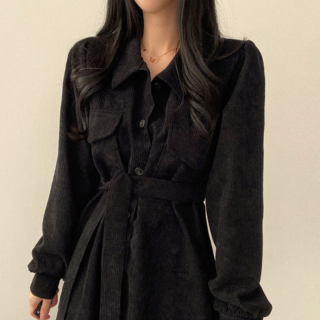 Korean chic autumn retro niche lapel single-breasted straps waist tooling shirt-style corduroy dress