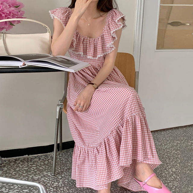 Korean chic summer French sweet U-neck lace plaid stitching ruffles flying sleeves dress female