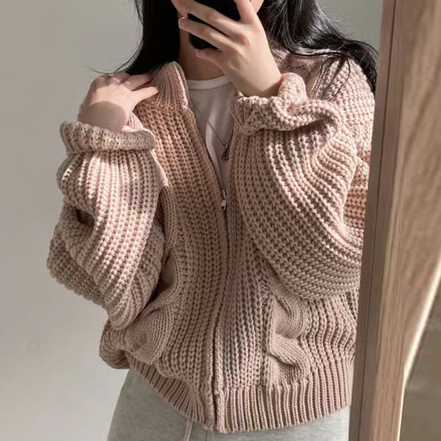 Korean chic autumn and winter all-match lazy wind round neck zipper linen pattern design loose long-sleeved knitted sweater jacket