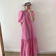 Korean chic summer temperament rose red white round neck solid color loose puff sleeves hem lotus leaf dress female