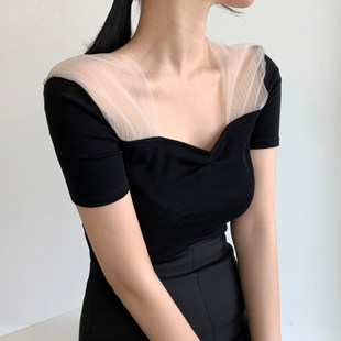 Летняя дизайнерская приталенная футболка с коротким рукавом, в корейском стиле, квадратный вырез