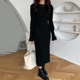 Korea chic autumn retro simple round neck folds design elastic waist bag hip long-sleeved dress little black dress