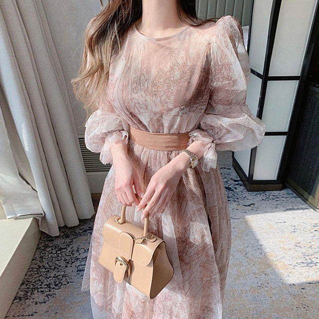 Korean chic early spring sweet and age-reducing round neck slightly permeable ink puff sleeves waist slimming mesh dress female