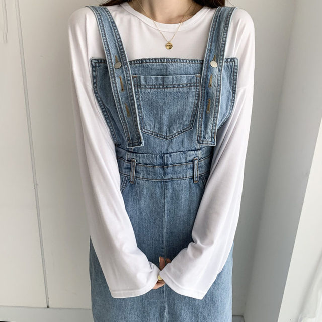 Korean chic early spring niche all-match button open line design high waist slim slit denim strap dress female