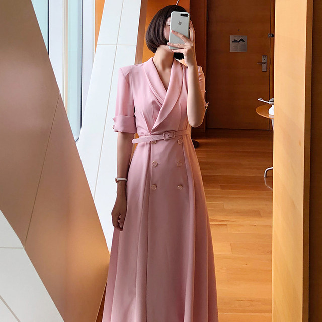 Korean chic summer elegant light cooked style lapel double-breasted slim fit over the knee long dress with belt women