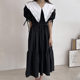 Korean chic spring age-reducing navy large lapel stitching fungus edge tie waist lotus leaf dress female