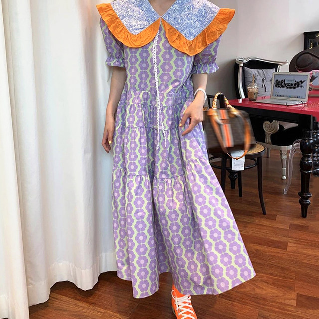 Korean chic western style retro large lapel contrast color stitching floral loose puff sleeves large swing dress long skirt