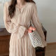 Korean chic spring niche design pleated trumpet sleeve dress women's waist slimming tea break dress long skirt