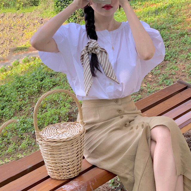 Korean chic summer niche simple round neck loose puff sleeve shirt + high waist single breasted hip skirt