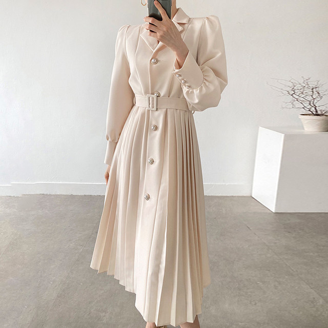 Korean chic autumn temperament elegant lapel single-row pearl buckle strap waist long-sleeved pleated suit dress