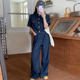 Korean chic summer retro temperament lapel topstitched pocket design shirt + high-waisted wide-leg floor-length jeans