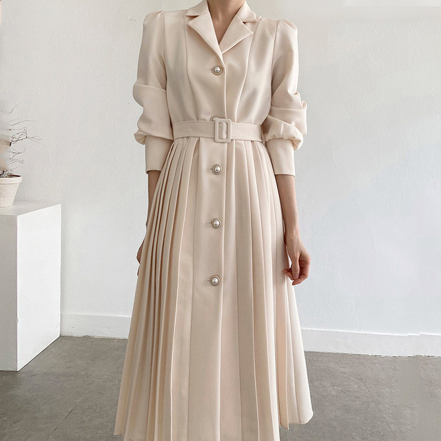 Korean chic autumn temperament elegant lapel single-row pearl buckle strap waist long-sleeved pleated suit dress