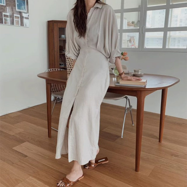 Korean chic spring French retro cotton and linen dress women's lace-up waist slimming knee-length shirt long skirt