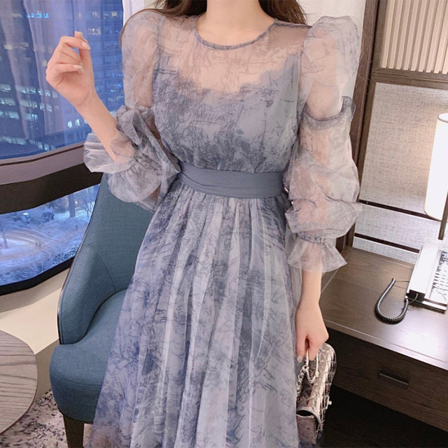 Korean chic early spring sweet and age-reducing round neck slightly permeable ink puff sleeves waist slimming mesh dress female