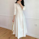 Korean chic spring temperament Hepburn style lapel waist slimming solid color long-sleeved knee-length suit dress