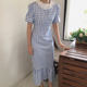 Korean chic summer sweet and elegant lapel lace crochet waist slimming plaid short-sleeved fishtail dress for women