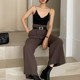 Korean chic retro lapel loose short one button suit jacket + high waist long wide leg trousers suit