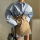 Korean chic simple and versatile loose BF style long-sleeved shirt + high waist wrap skirt short skirt