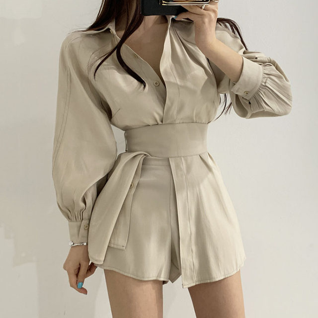 Korean chic niche temperament lapel single-breasted lace-up waist long-sleeved shirt + high waist casual shorts suit