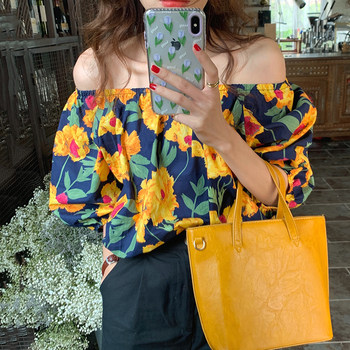 Korean chic summer Western-style retro one-word collar off-the-shoulder design loose all-match floral puff sleeve shirt top