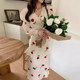 Korean chic spring retro gentle style V-neck single-breasted lace-up waist slimming rose floral dress for women