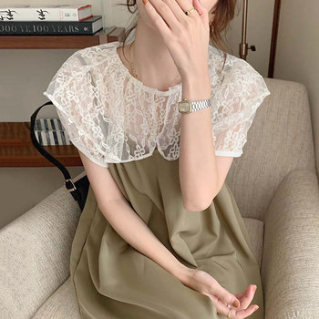 Korean chic gentle doll collar lace crochet bottoming shirt + loose drawstring suspender dress two-piece