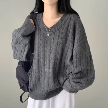 Age-reducing v-neck hemp pattern soft and waxy pullover sweater