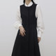 Korean chic autumn simple lapel strapped puff sleeve shirt + pleated strap dress long skirt suit female