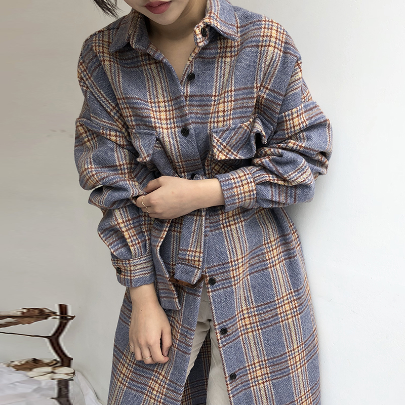 Violetthe republic of korea chic Retro British style Color contrast Check pattern Lapel Single breasted Frenulum easy Long sleeve Wool loose coat overcoat