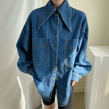 Korean chic autumn retro pointed collar single-breasted loose all-match large pocket washed blue denim shirt top