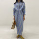 Korean chic spring French niche lapel contrast stripe pleated design loose long-sleeved shirt dress