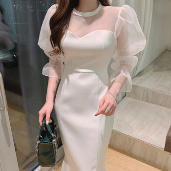 Korean chic French temperament round neck stitching mesh micro-permeable trumpet sleeves waist thin solid color fishtail dress