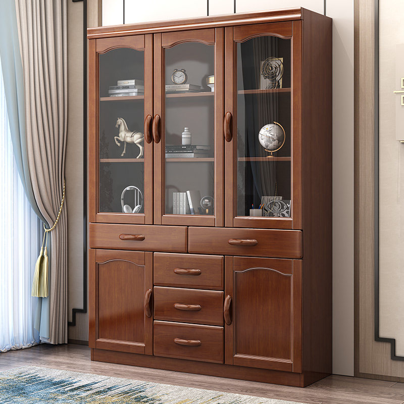 New Chinese solid wood bookcase full solid wood glass door bookshelf combined modern Chinese floor containing cabinet Three-door bookcase