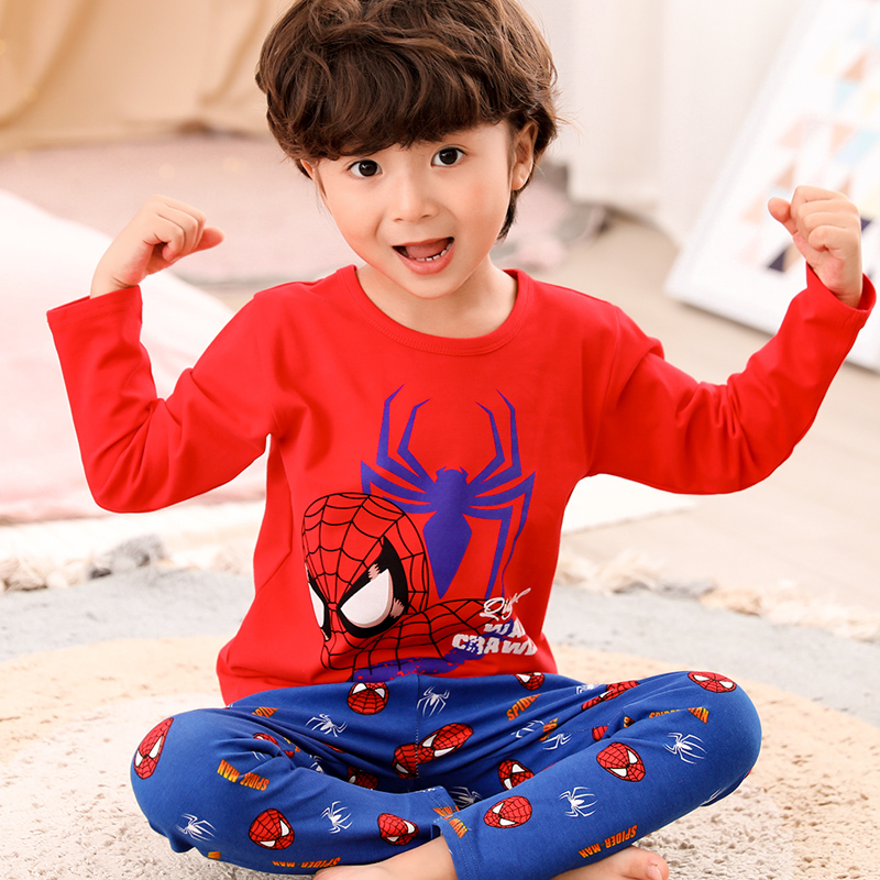 Childrens đồ ngủ mùa xuân và mùa thu chàng trai bông lót Spider-Man quần áo mùa thu quần quần áo mùa thu thiết mùa xuân màu đỏ nam.