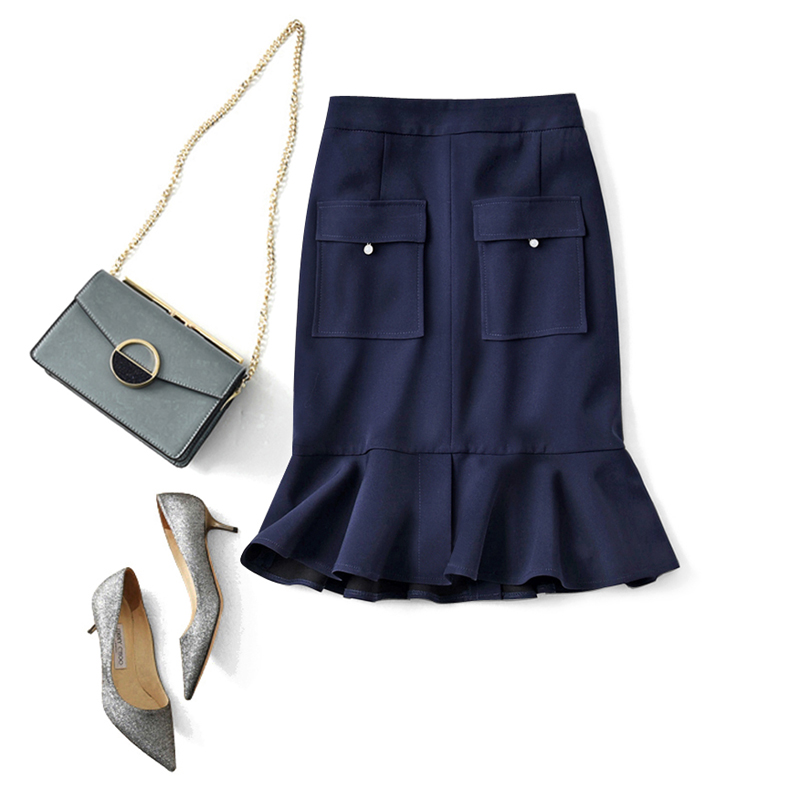 Fashion Foreign Commute commute Back to age Pearl buckle pockets Decoration High pockets Hip Conspicuate Slim Fish Tail Skirt Step Skirt