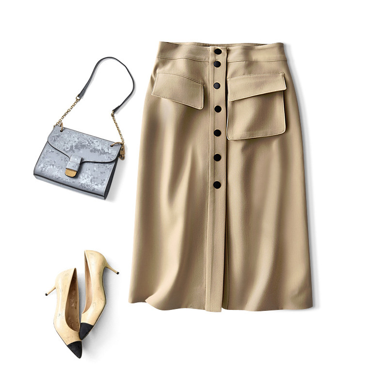 Commuter bombing Sky Small Crowd Design Sense Asymmetry Cut A Character Half Body Skirt High Waist Retro Single Row Buttoned One Step Skirt