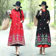 Áo gió quốc gia nữ mùa thu và mùa đông mới khóa retro thêu cộng với nhung dày jacquard dài áo khoác cotton trùm đầu