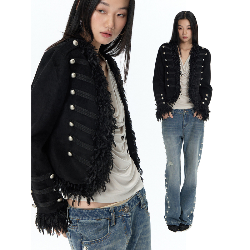 Faychui Wool Palace Punk Black Feather Buttoned Jacket Slim Fit Vintage Napoleon Coat Faychui Wool Palace Punk Black Feather Buttoned Jacket Slim Fit Vintage Napoleon Coat
