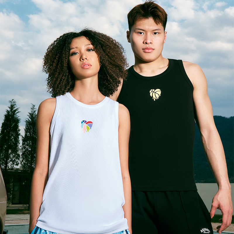 Aniparty American-Style Ribbed Tank Top with Basketball Heart Embroidery, Personalized Trendy Sports Casual Basketball Tank Top