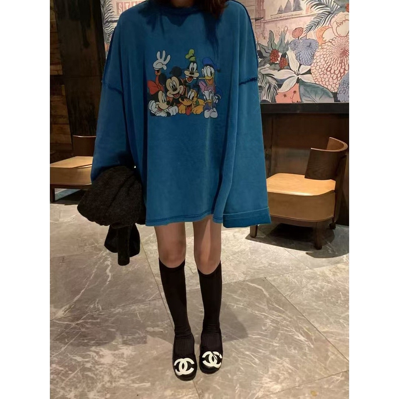 Korean Dongdaemun Autumn New Style Salt-Washed Mickey Family Vintage Oversized Loose Versatile Mickey Sweatshirt for Women