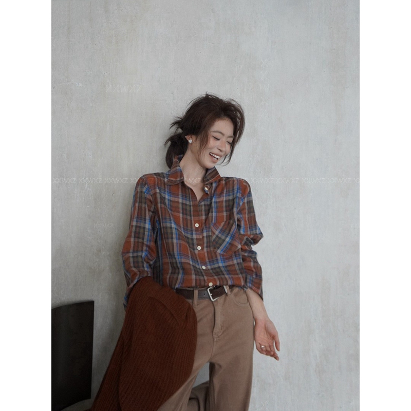 Korean Dongdaemun Early Autumn New Korean Style Retro Fashion Versatile Loose Slimming Plaid Shirt Long-Sleeved Top for Women