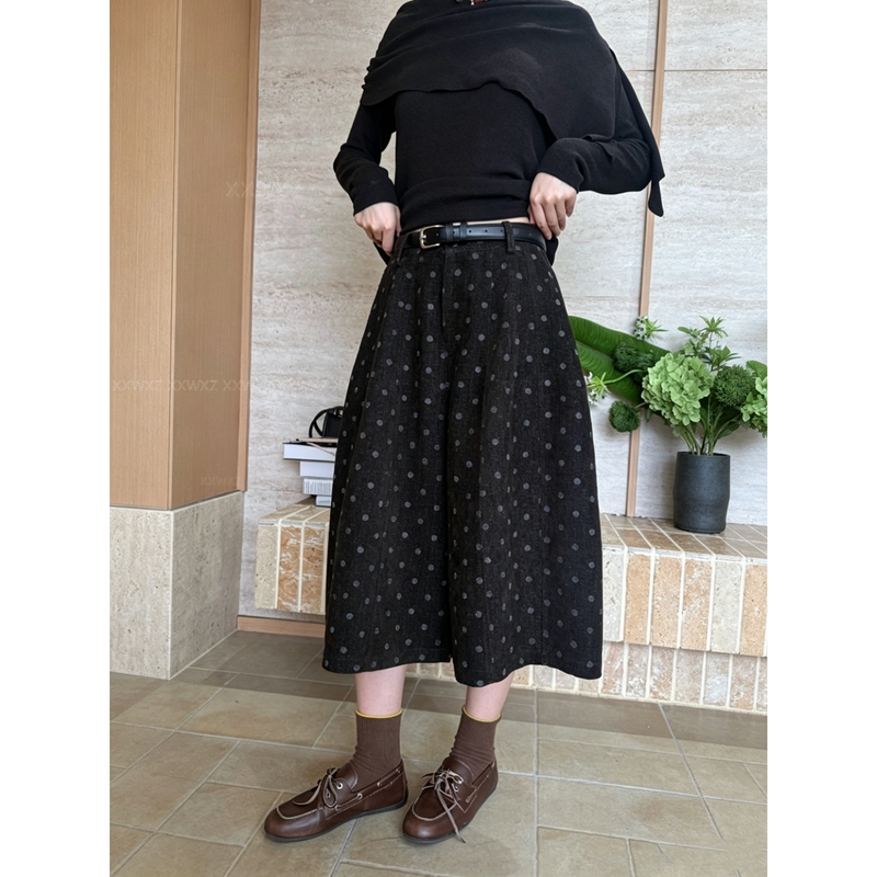 Korean Dongdaemun Autumn New Fashion Stylish Casual Simple Versatile Loose Belt Polka Dot Wide-Leg Cropped Pants