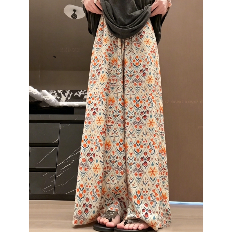 Korean Dongdaemun Summer New Style Lazy Retro Niche Versatile Wide-Leg Pants Slimming Thin Printed Casual Pants