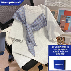 Wassup American Retro Bow Plaid Tie Short-Sleeved T-Shirt for Men and Women Summer Loose Cotton Half-Sleeved Top