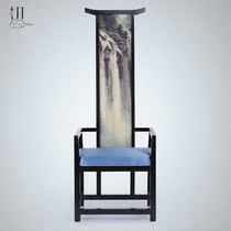  New Chinese style high back chair Image chair Hotel club Solid wood fabric armrest backrest dining chair Single chair furniture