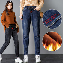 Gush Harlan jeans Women loose 2019 Autumn winter new Korean version tightness waist display slim thickened warm cotton trousers