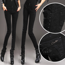 2021 Autumn Winter New Lady Black Elastic Jeans Long Pants Big Code Plus Suede Slim-Foot Pencil Pants