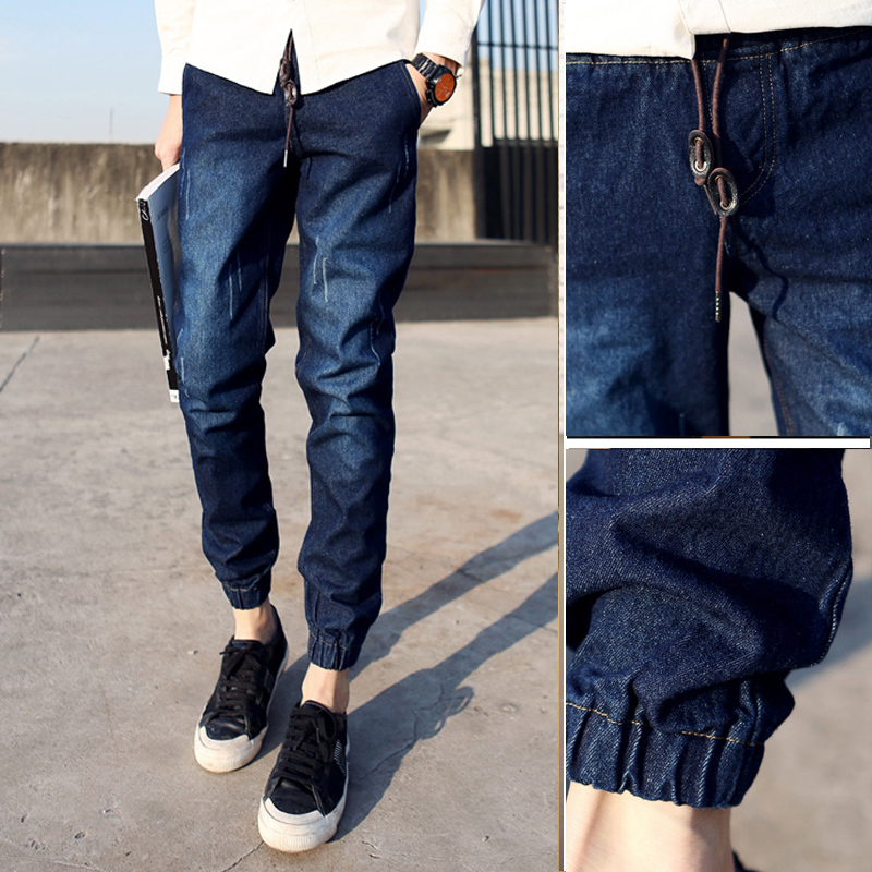 Summer Loose-Fitting Elastic Waist Student Cropped Denim Pants for Men, Harem Style, Tapered Leg, Thin, Cuffed, Drawstring, 9/10 Length Summer Loose-Fitting Elastic Waist Student Cropped Denim Pants for Men, Harem Style, Tapered Leg, Thin, Cuffed, Drawstring, 9/10 Length
