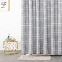 Simple lattice shower curtain waterproof cloth suit Bathroom curtain thickened warm mildew-proof curtain free hole bath partition curtain