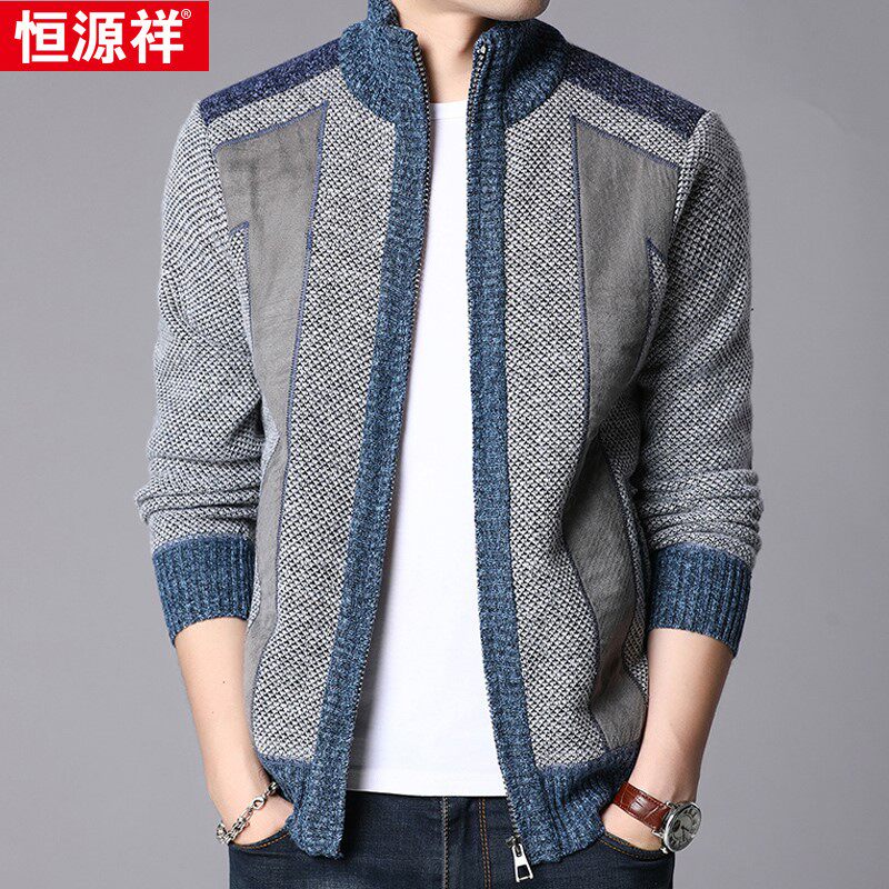 2020 spring new men's sweater knitted cardigan plus velvet thick sweater warm slim jacket men's middle-aged men's clothing